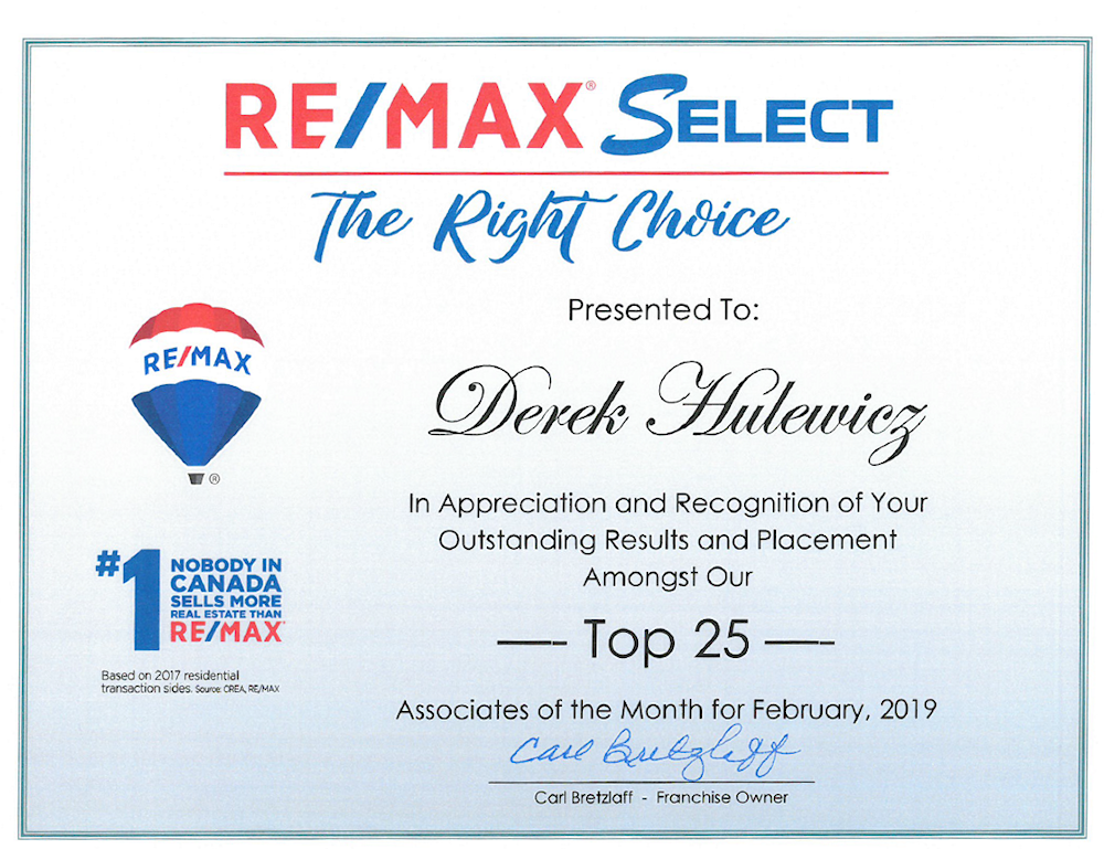 derek hulewicz top realtor in remax select in february of 2019